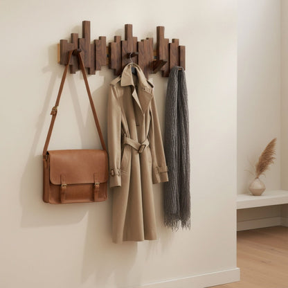 Wall-Mounted Coat Rack with Fold-Down Hooks — Solid Wood Piano Key Design for Entryway Bedroom Hallway Mudroom