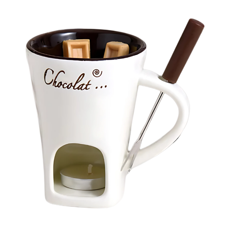 Ceramic Fondue Pot Set with Tea Light Warmer for Chocolate and Cheese – 2-Pack Tabletop Melting Cup with Handle for Parties and Gatherings