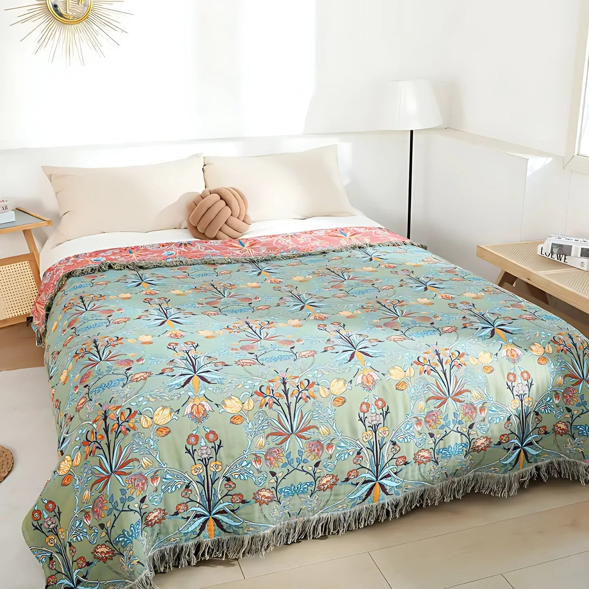Reversible Cotton Throw Blanket with Floral Jacquard Weave & Tassels for Bed or Couch – 79×90.5 in Heavyweight Breathable Botanical Design
