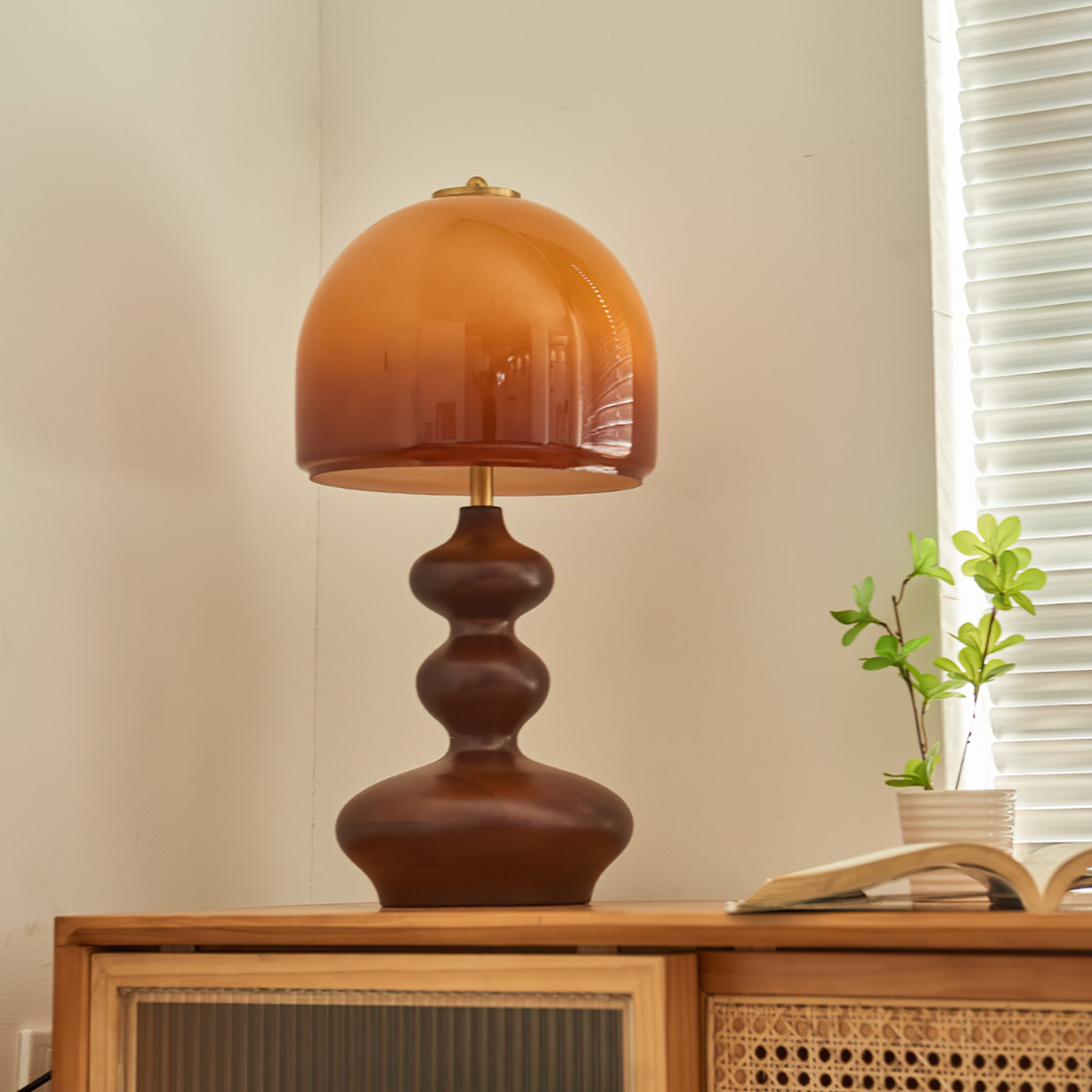 Wooden Desk Lamp with Amber Glass Shade 10 in × 20 in for Nightstand Bedroom Office Cozy Reading Light