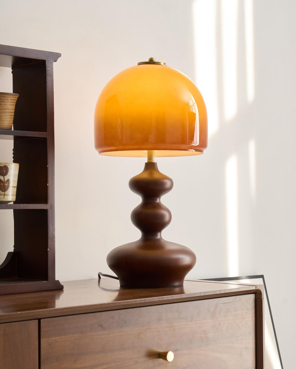 Wooden Desk Lamp with Amber Glass Shade 10 in × 20 in for Nightstand Bedroom Office Cozy Reading Light