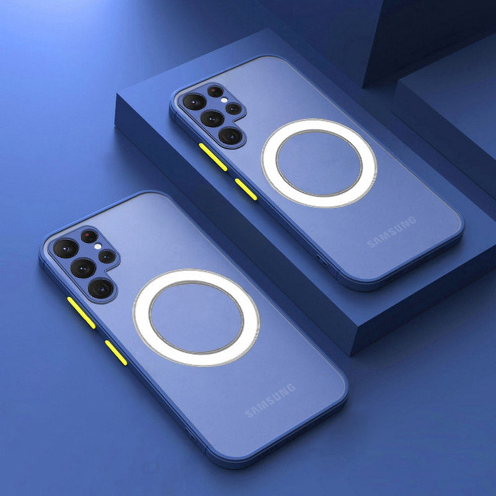 Magnetic Silicone Phone Case for Samsung Galaxy S21-S26 – Soft Grip Shock-Absorbing Cover with Raised Edges & Wireless Charging Support
