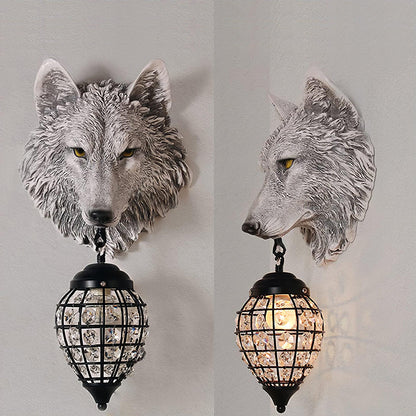 Sculptural Wolf Sconce with Crystal Accents 20.5 in Gold Gray Patina Iron Resin Fixture Entryway Living Room Hallway Decorative Wildlife Sta