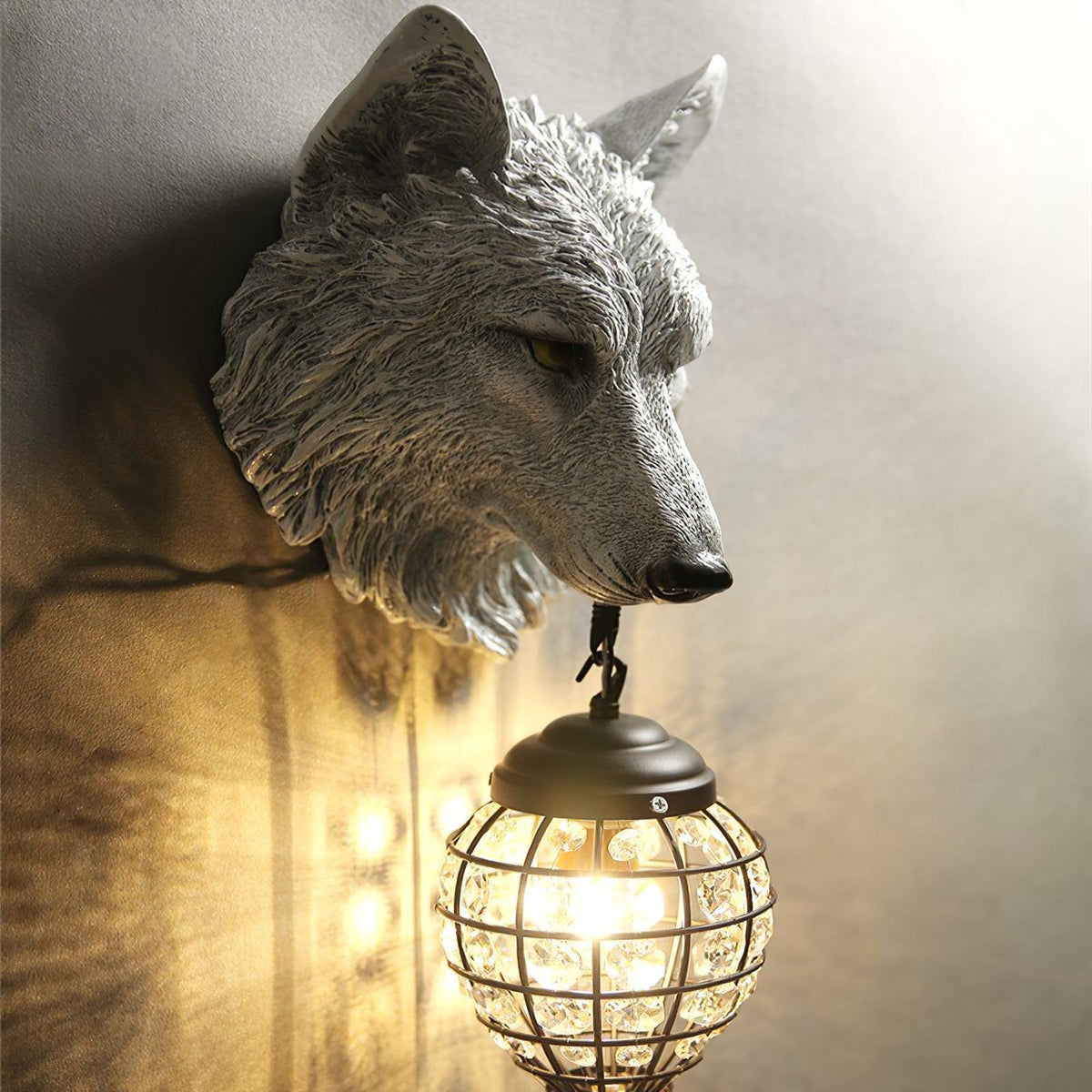 Sculptural Wolf Sconce with Crystal Accents 20.5 in Gold Gray Patina Iron Resin Fixture Entryway Living Room Hallway Decorative Wildlife Sta
