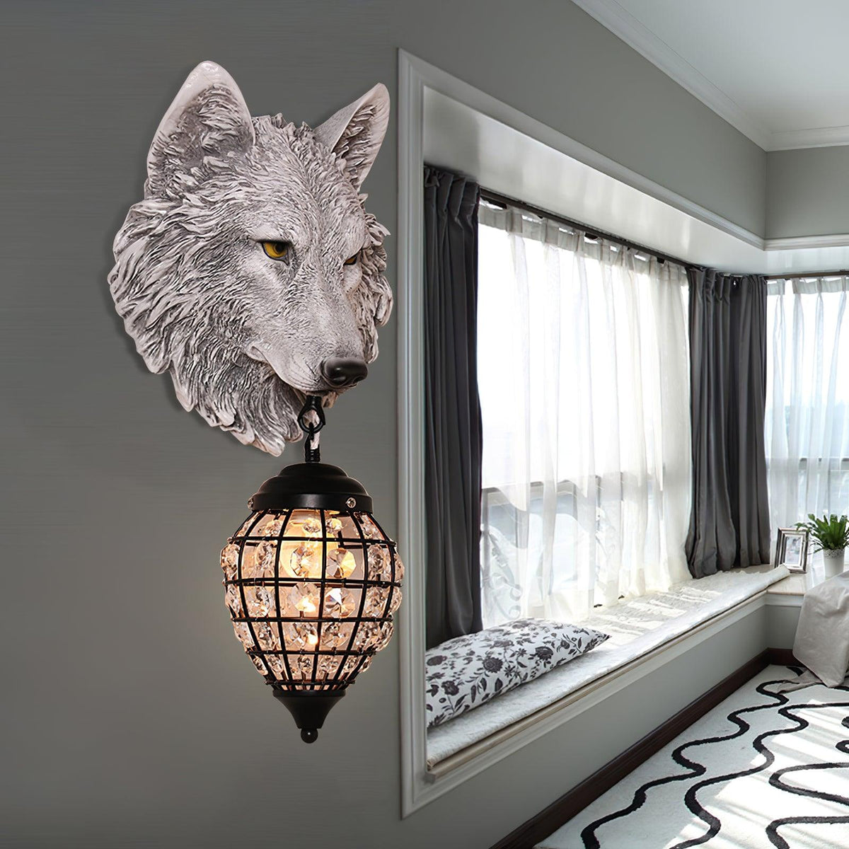 Sculptural Wolf Sconce with Crystal Accents 20.5 in Gold Gray Patina Iron Resin Fixture Entryway Living Room Hallway Decorative Wildlife Sta