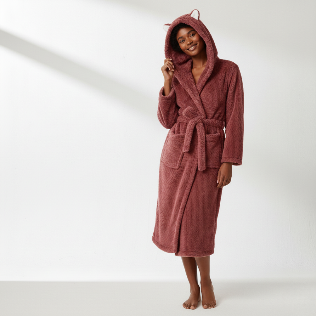Wynora Women's Robe with Animal Ears - Plush Polyester Fleece, Cozy Fit