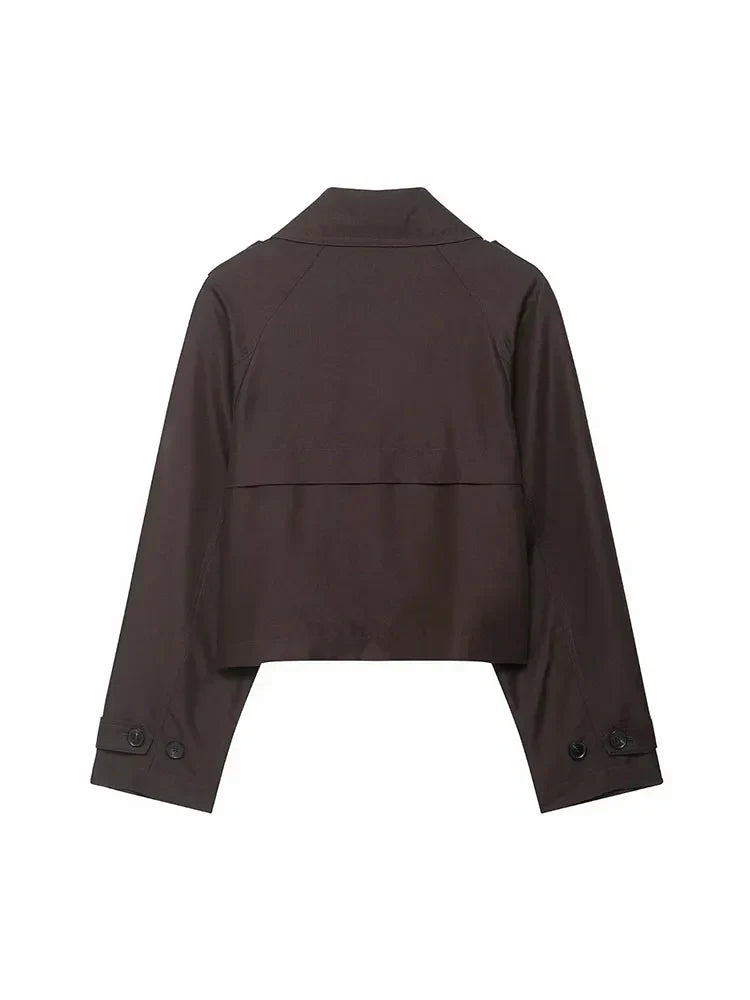Cropped Double-Breasted Jacket Women's Work Blazer Khaki Brown Short Trench Style Coat Fall Winter Layering Piece Office Casual