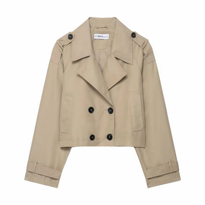 Cropped Double-Breasted Jacket Women's Work Blazer Khaki Brown Short Trench Style Coat Fall Winter Layering Piece Office Casual