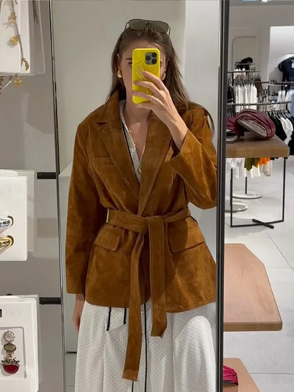 Long Sleeve Lapel Jacket for Women – Suede Coat with Pockets for Fall