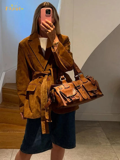 Long Sleeve Lapel Jacket for Women – Suede Coat with Pockets for Fall