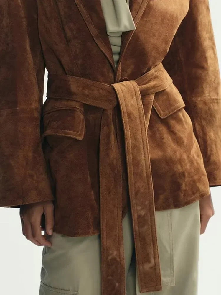 Long Sleeve Lapel Jacket for Women – Suede Coat with Pockets for Fall