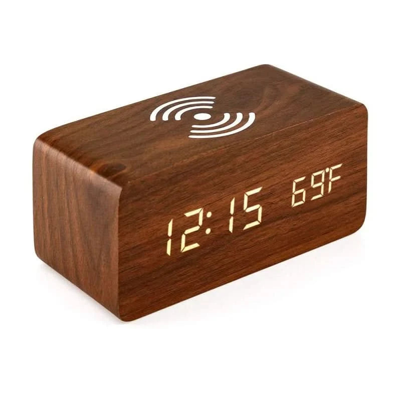 Alarm Clock for Bedroom, Wooden Digital Clock with Wireless Charging, Digital Alarm Clock with Night Mode