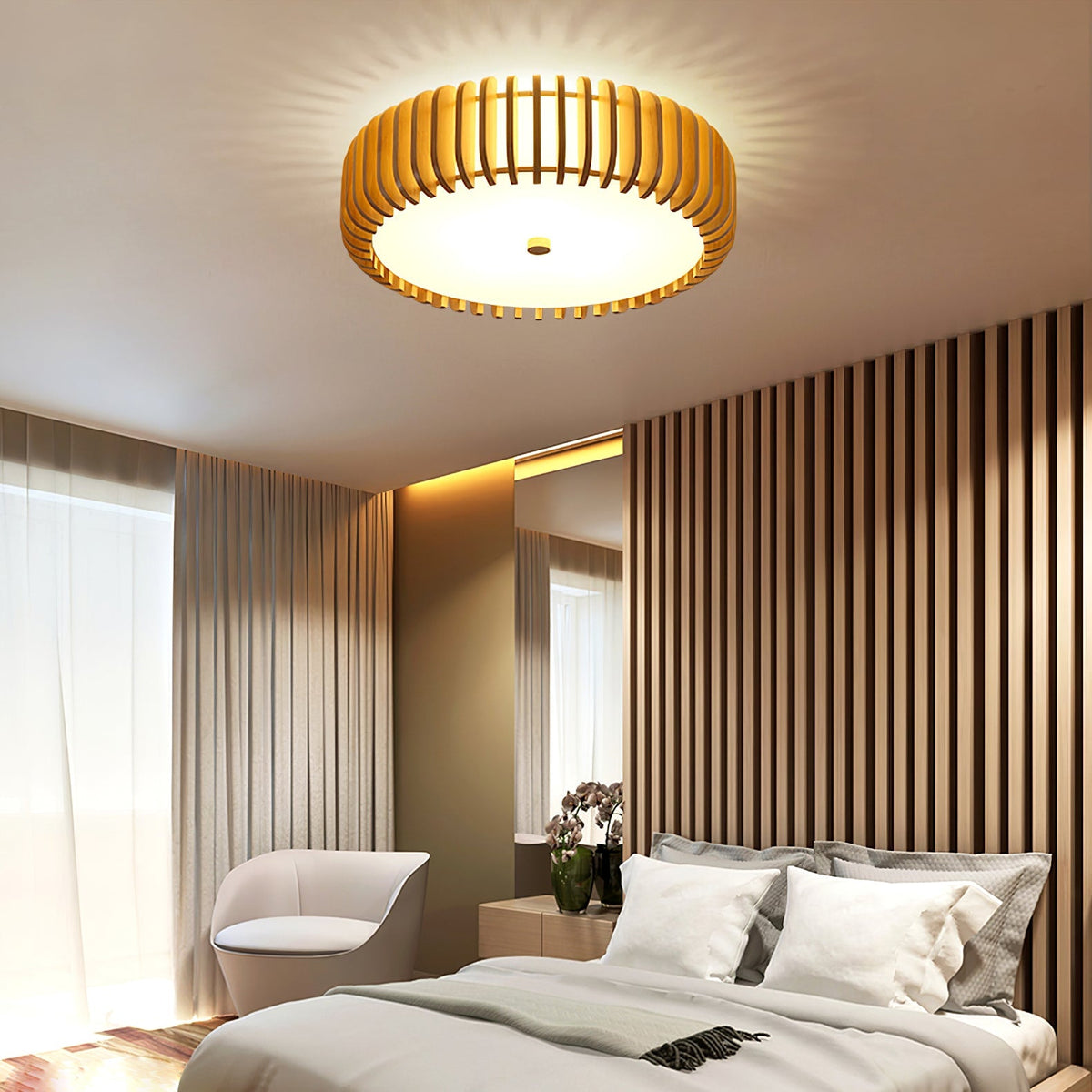 Round Ceiling Light with Wood-Tone Frame and White Diffuser for Dining Room, Living Room, Kitchen, Bedroom | Modern Low-Profile Fixture for