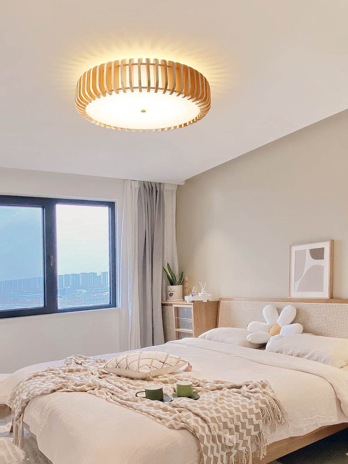 Round Ceiling Light with Wood-Tone Frame and White Diffuser for Dining Room, Living Room, Kitchen, Bedroom | Modern Low-Profile Fixture for