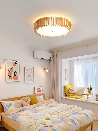 Round Ceiling Light with Wood-Tone Frame and White Diffuser for Dining Room, Living Room, Kitchen, Bedroom | Modern Low-Profile Fixture for