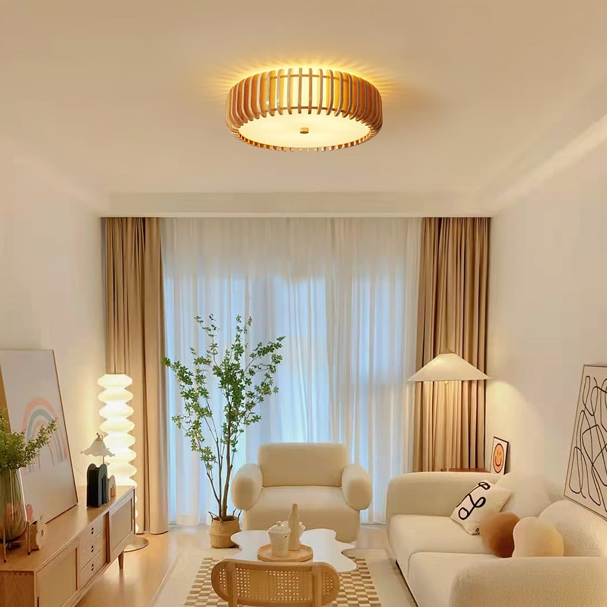 Round Ceiling Light with Wood-Tone Frame and White Diffuser for Dining Room, Living Room, Kitchen, Bedroom | Modern Low-Profile Fixture for