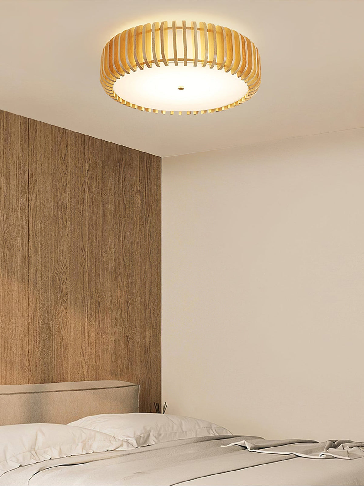 Round Ceiling Light with Wood-Tone Frame and White Diffuser for Dining Room, Living Room, Kitchen, Bedroom | Modern Low-Profile Fixture for