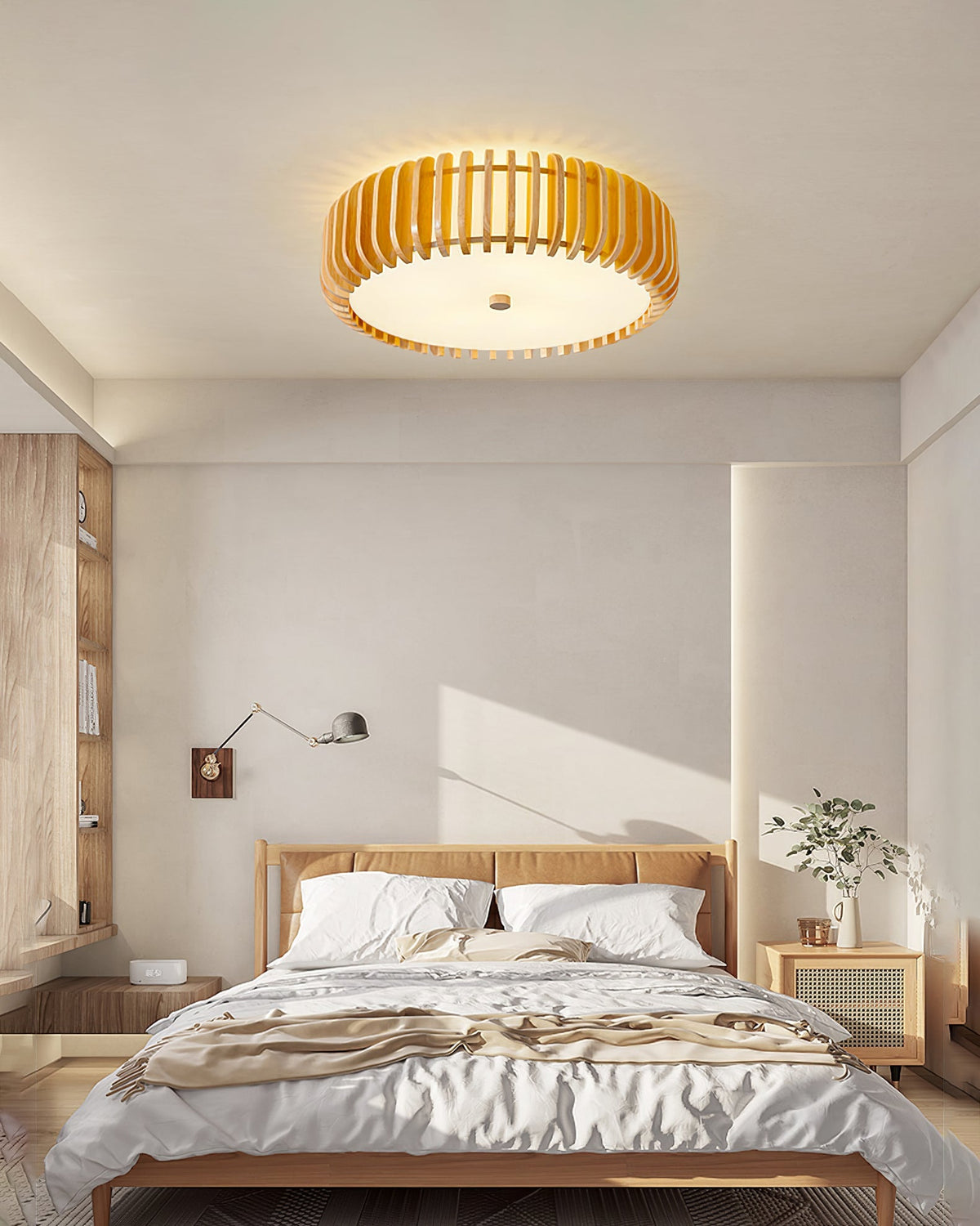 Round Ceiling Light with Wood-Tone Frame and White Diffuser for Dining Room, Living Room, Kitchen, Bedroom | Modern Low-Profile Fixture for