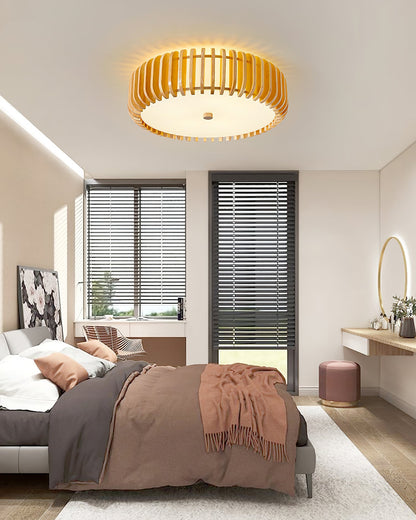 Round Ceiling Light with Wood-Tone Frame and White Diffuser for Dining Room, Living Room, Kitchen, Bedroom | Modern Low-Profile Fixture for