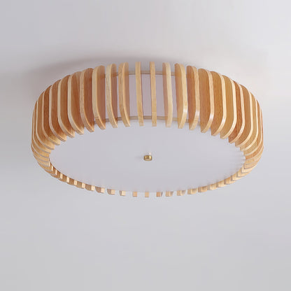 Round Ceiling Light with Wood-Tone Frame and White Diffuser for Dining Room, Living Room, Kitchen, Bedroom | Modern Low-Profile Fixture for