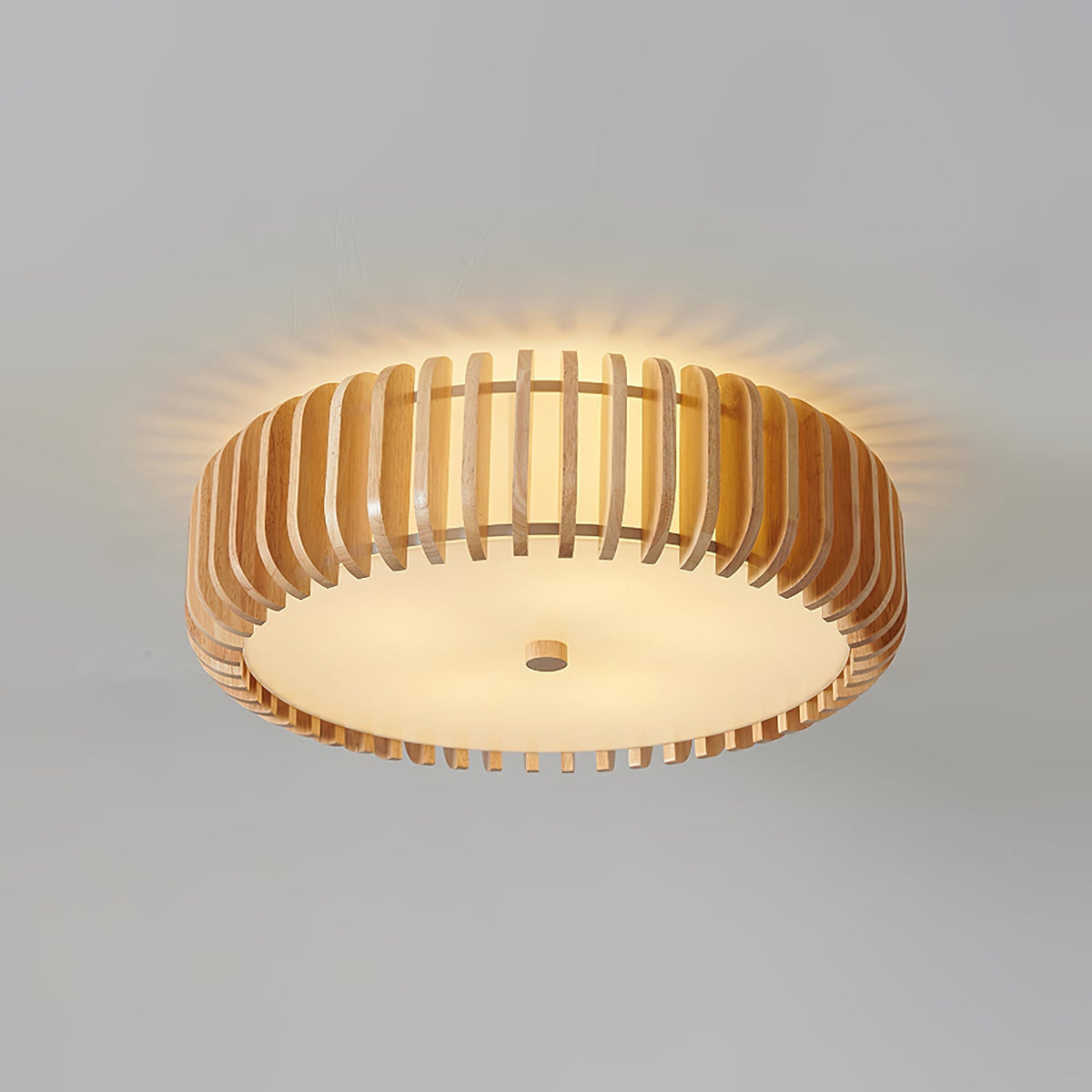 Round Ceiling Light with Wood-Tone Frame and White Diffuser for Dining Room, Living Room, Kitchen, Bedroom | Modern Low-Profile Fixture for