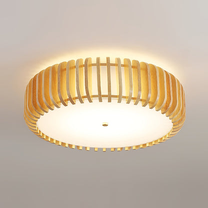 Round Ceiling Light with Wood-Tone Frame and White Diffuser for Dining Room, Living Room, Kitchen, Bedroom | Modern Low-Profile Fixture for