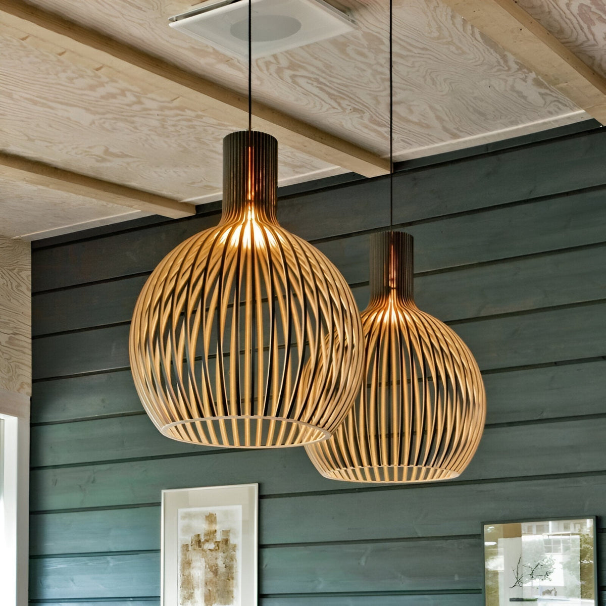 Slatted Wooden Drum Pendant Light E27 Socket Natural Finish Cage Ceiling Fixture for Kitchen Island Entryway Bedroom Farmhouse Modern Rustic