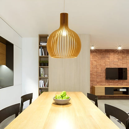 Slatted Wooden Drum Pendant Light E27 Socket Natural Finish Cage Ceiling Fixture for Kitchen Island Entryway Bedroom Farmhouse Modern Rustic