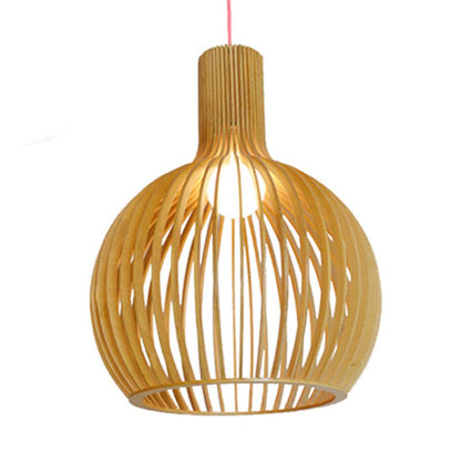 Slatted Wooden Drum Pendant Light E27 Socket Natural Finish Cage Ceiling Fixture for Kitchen Island Entryway Bedroom Farmhouse Modern Rustic