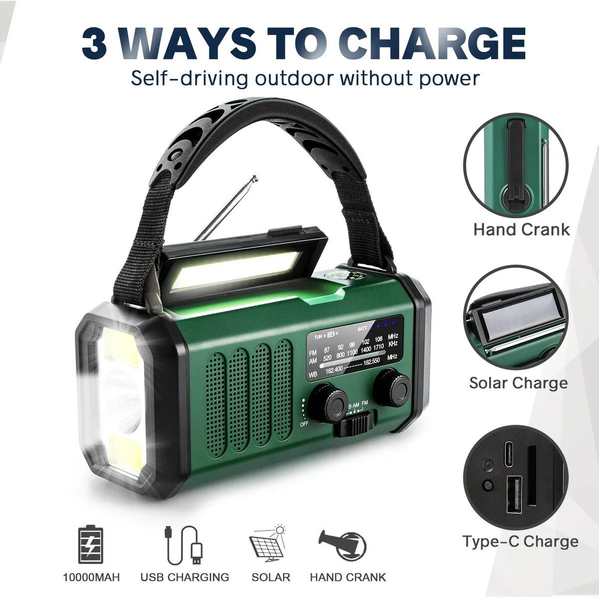 Hand Crank Solar Emergency Radio with Flashlight & Power Bank for Camping Hiking Outdoor Survival Preparedness Backup