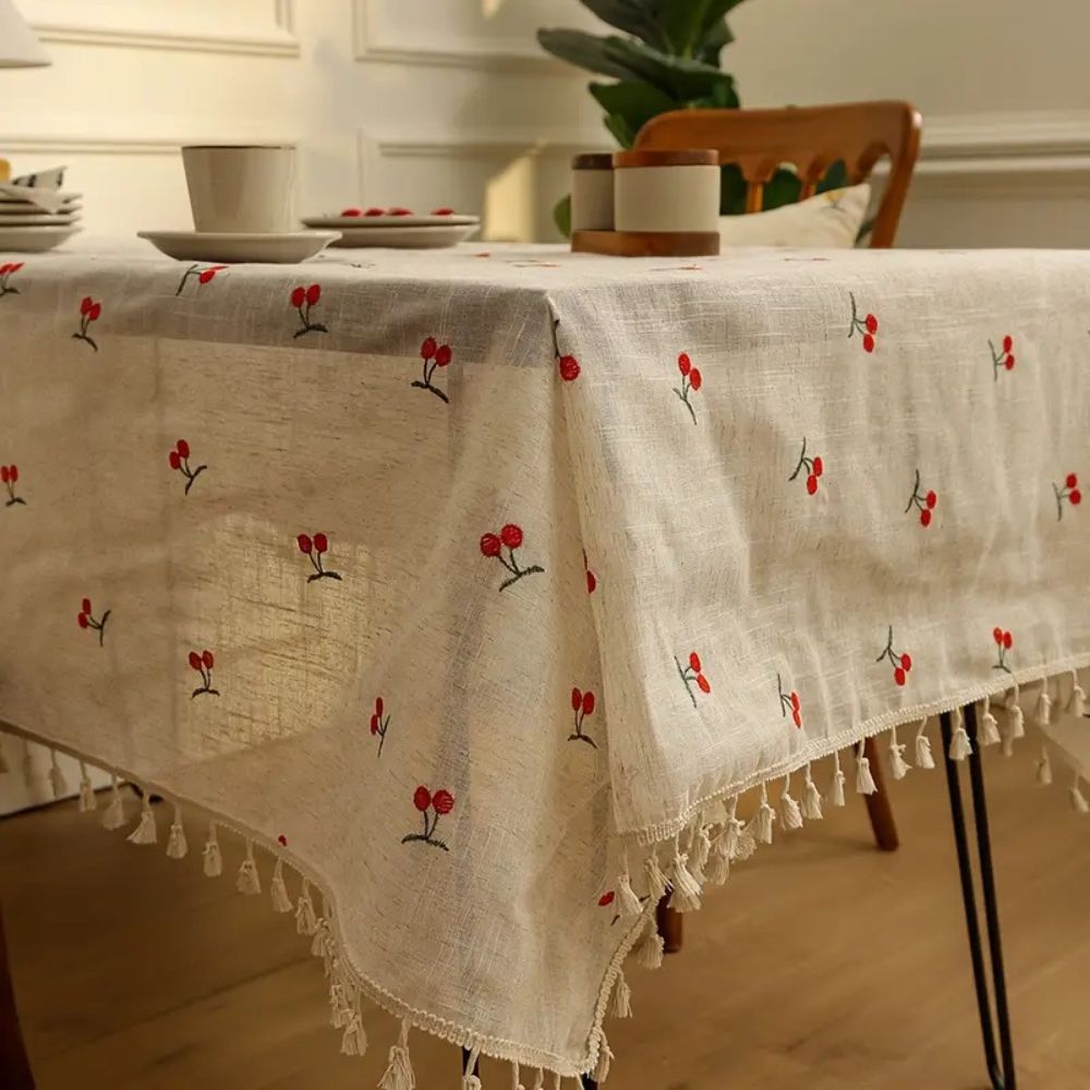 Vesta Tablecloth - Microfiber Blend with Red Cherry Tassels