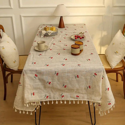 Vesta Tablecloth - Microfiber Blend with Red Cherry Tassels