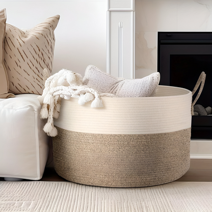 Oversized Woven Storage Basket for Laundry Toys Blankets Round Polyester Organizer with Handles 20x13 inches Brown Gray Two-Tone Home Bedroo