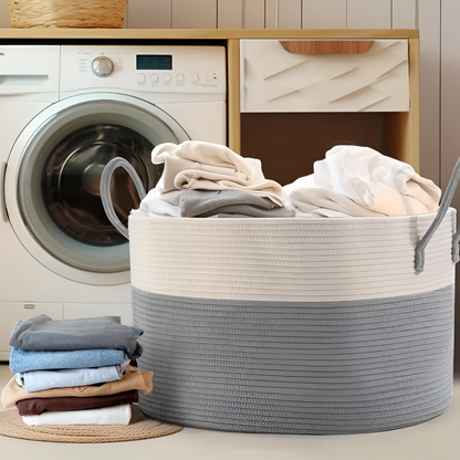 Oversized Woven Storage Basket for Laundry Toys Blankets Round Polyester Organizer with Handles 20x13 inches Brown Gray Two-Tone Home Bedroo
