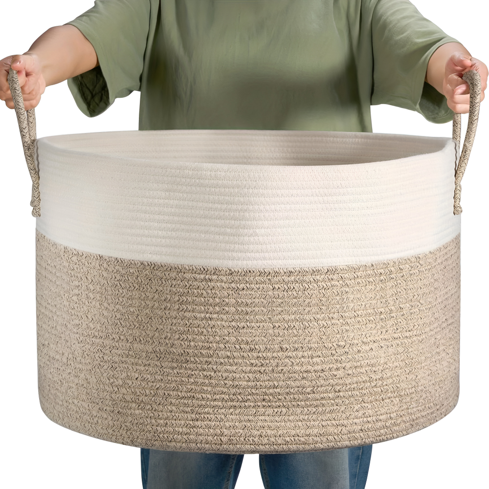 Oversized Woven Storage Basket for Laundry Toys Blankets Round Polyester Organizer with Handles 20x13 inches Brown Gray Two-Tone Home Bedroo