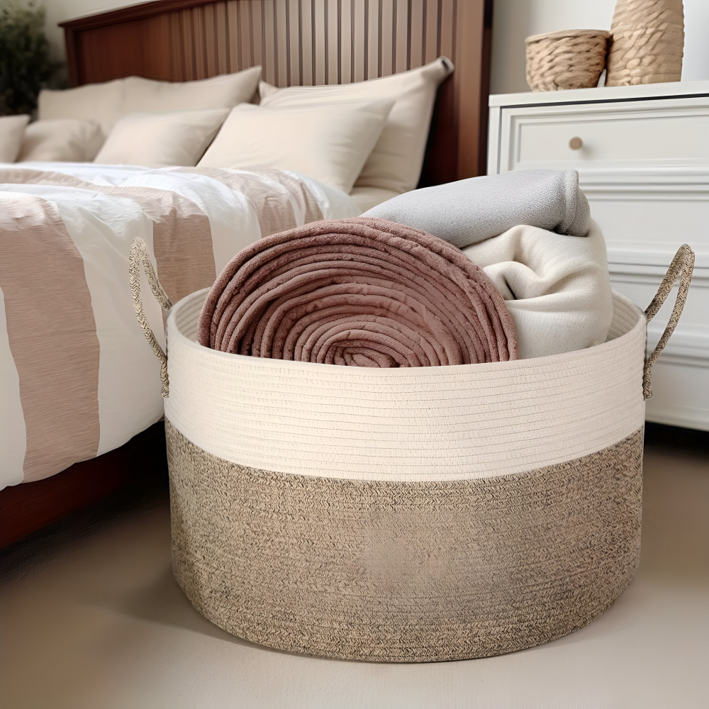 Oversized Woven Storage Basket for Laundry Toys Blankets Round Polyester Organizer with Handles 20x13 inches Brown Gray Two-Tone Home Bedroo