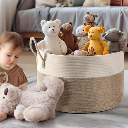 Oversized Woven Storage Basket for Laundry Toys Blankets Round Polyester Organizer with Handles 20x13 inches Brown Gray Two-Tone Home Bedroo