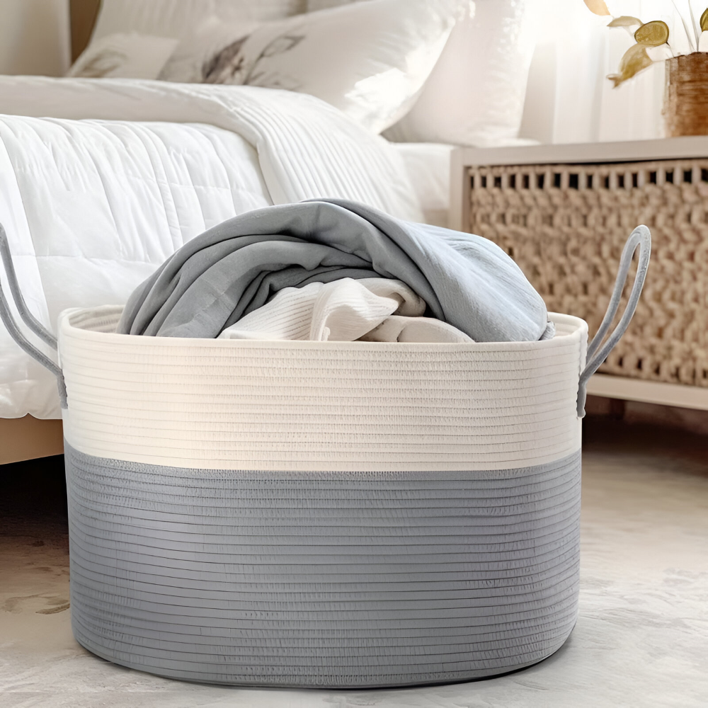 Oversized Woven Storage Basket for Laundry Toys Blankets Round Polyester Organizer with Handles 20x13 inches Brown Gray Two-Tone Home Bedroo