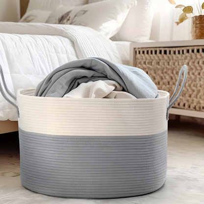 Oversized Woven Storage Basket for Laundry Toys Blankets Round Polyester Organizer with Handles 20x13 inches Brown Gray Two-Tone Home Bedroo