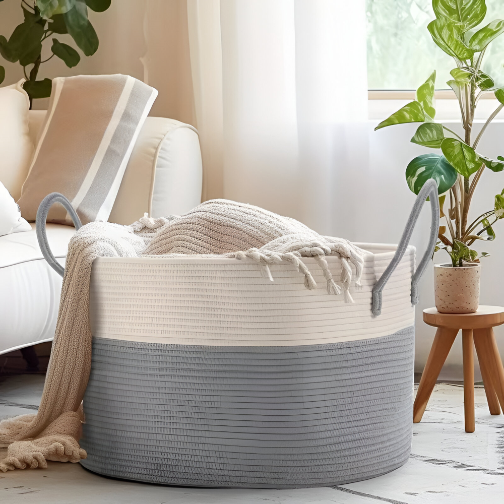 Oversized Woven Storage Basket for Laundry Toys Blankets Round Polyester Organizer with Handles 20x13 inches Brown Gray Two-Tone Home Bedroo