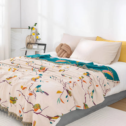 Wrenna Cotton Blanket - 100% Soft Cotton, Boho Bird Design with Tassels