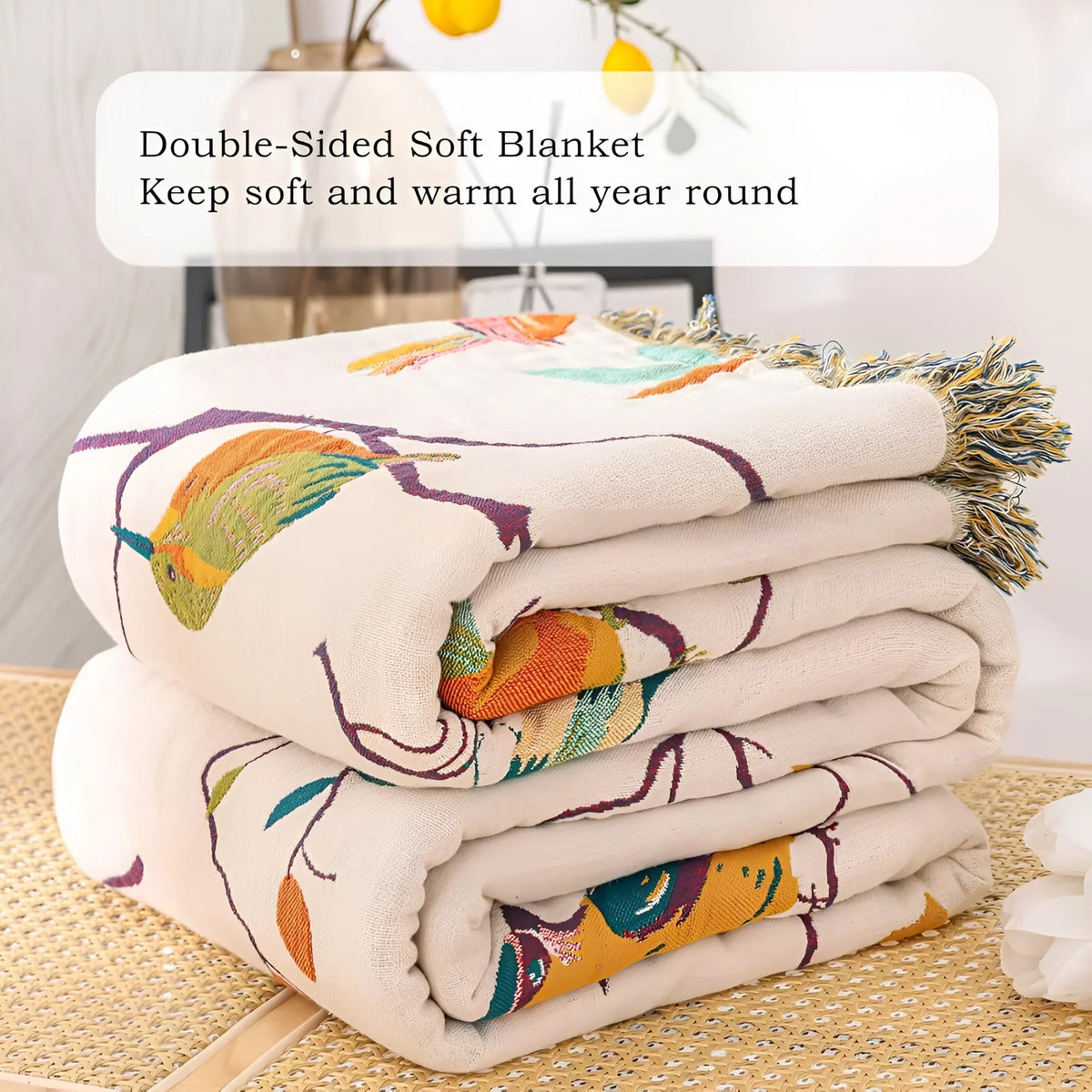 Wrenna Cotton Blanket - 100% Soft Cotton, Boho Bird Design with Tassels