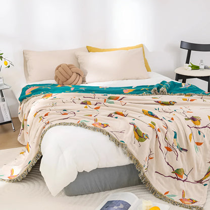 Wrenna Cotton Blanket - 100% Soft Cotton, Boho Bird Design with Tassels