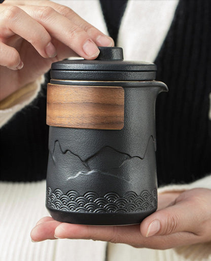 Portable Ceramic Teapot Set with 4 Cups and Travel Case for Gongfu Brewing Office Camping Outdoor Tea Ceremony Black 12 fl oz Pot
