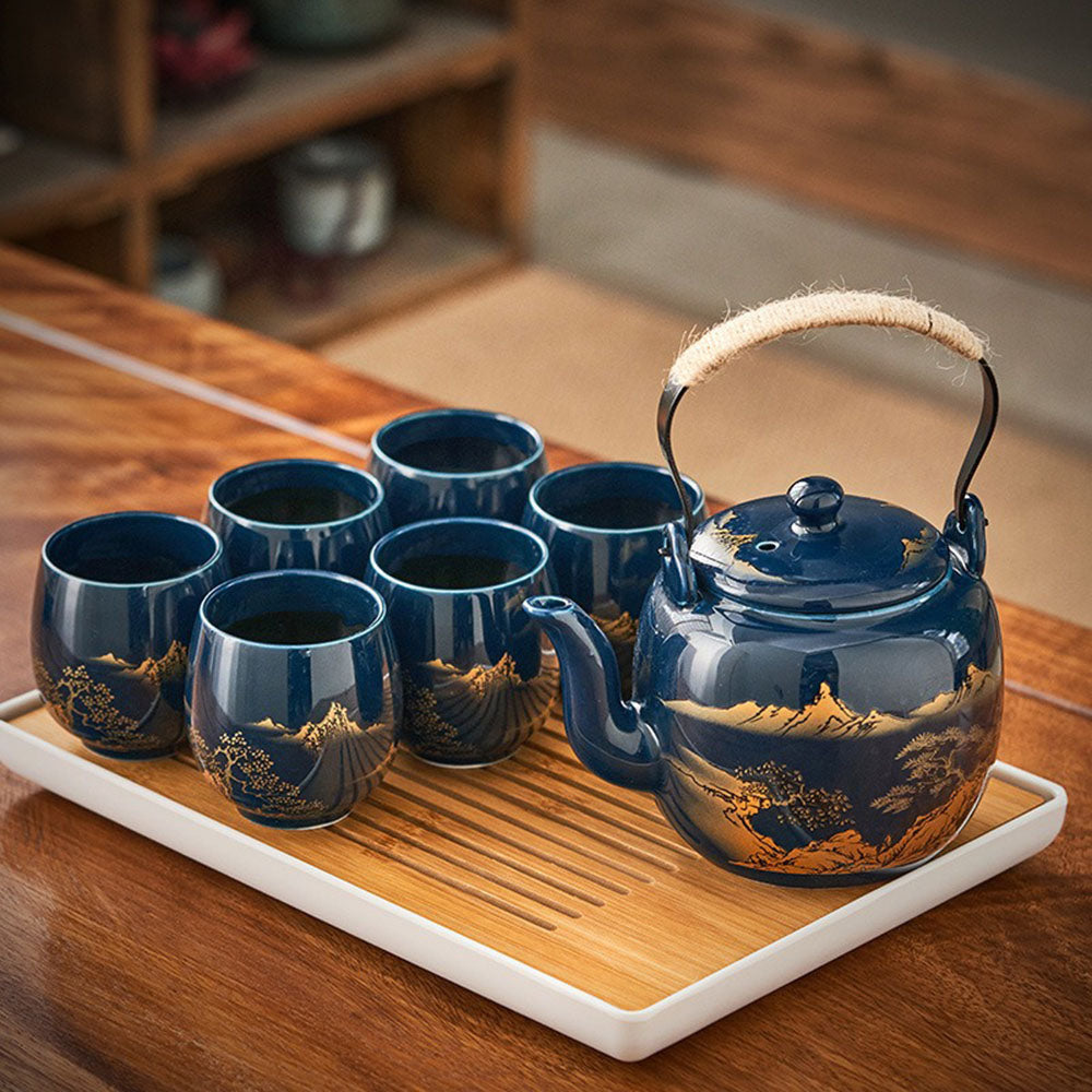 Porcelain Tea Set with Tray 28 fl oz Teapot 6 Cups Blue Mountain Gongfu Ceremony Complete Kit for Loose Leaf Oolong Green Tea