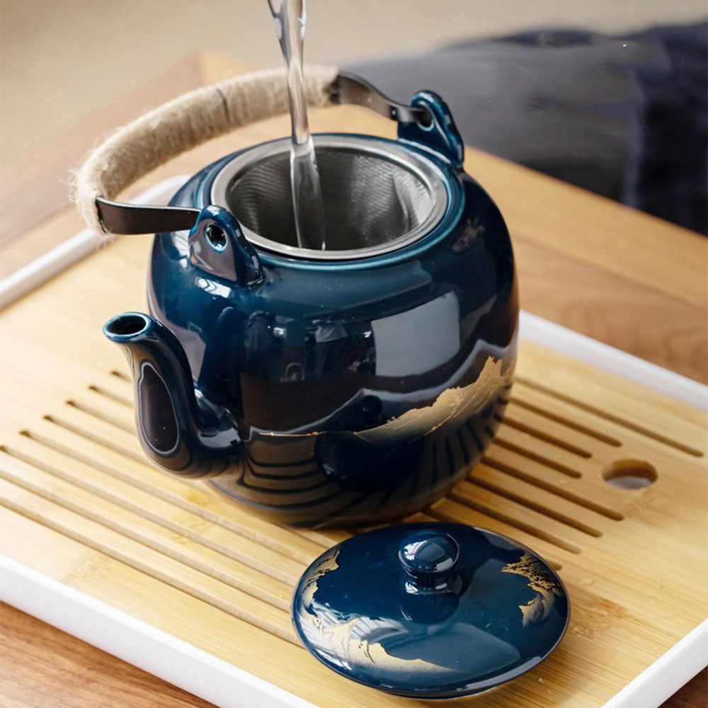 Porcelain Tea Set with Tray 28 fl oz Teapot 6 Cups Blue Mountain Gongfu Ceremony Complete Kit for Loose Leaf Oolong Green Tea