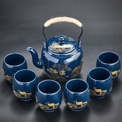 Porcelain Tea Set with Tray 28 fl oz Teapot 6 Cups Blue Mountain Gongfu Ceremony Complete Kit for Loose Leaf Oolong Green Tea
