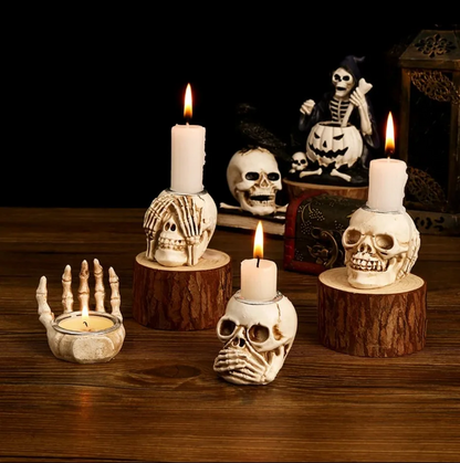 Sable Skullight Candlestick Holders - Resin, Gothic 4-Piece Set
