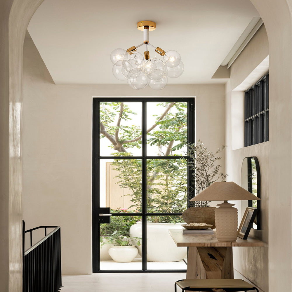 Multi-Globe Ceiling Light with Clear Glass Spheres and Metal Arms for Dining Room & Living Room