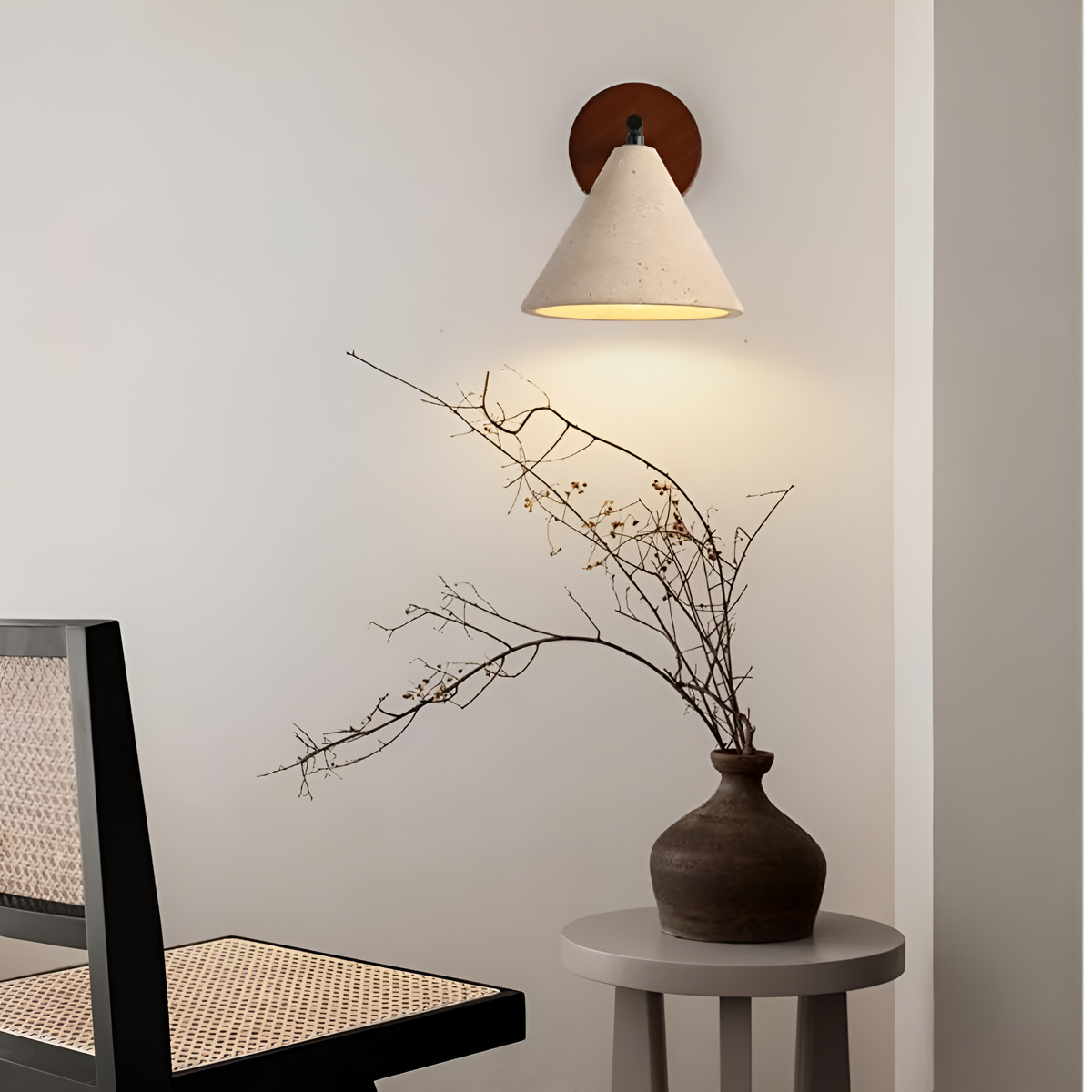 Cone-Shaped Stone Wall Sconce with Wood Base for Bedrooms, Hallways & Entryways – Ambient Downlight Fixture, E26 Socket, Warm Natural Textur